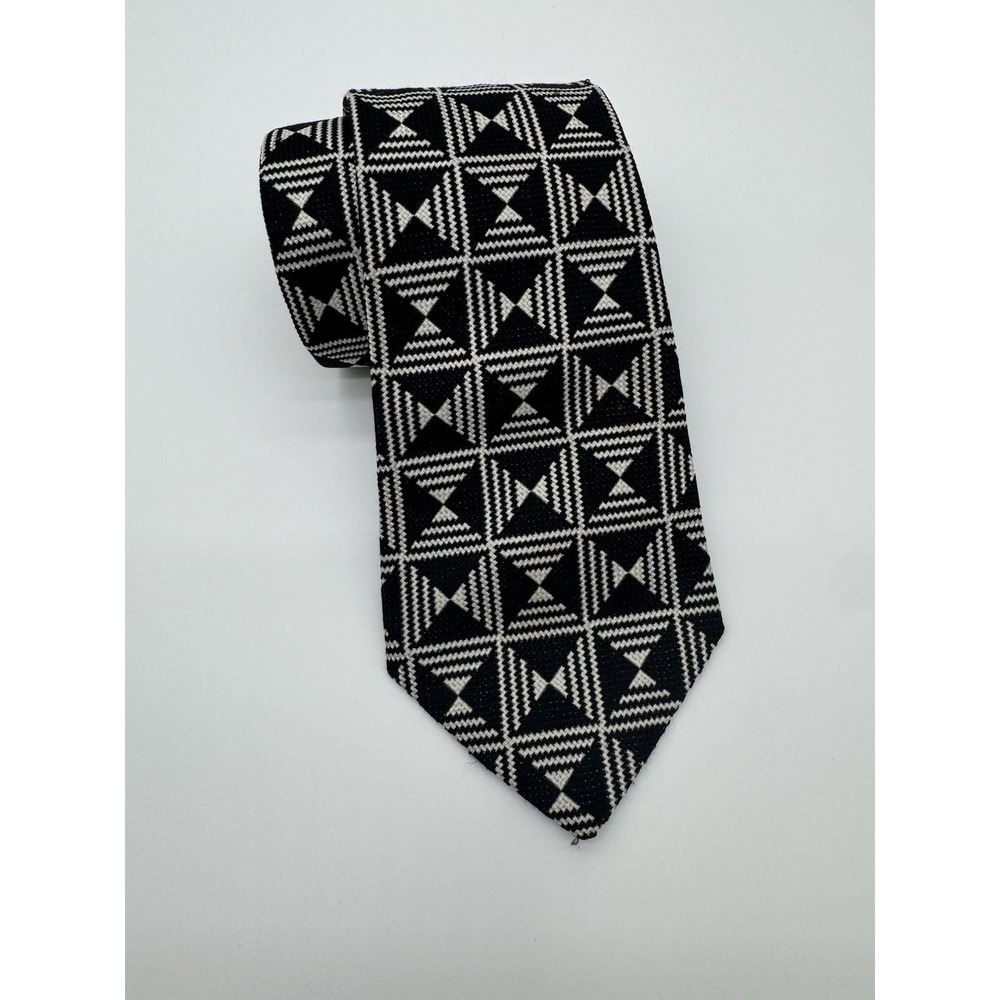 Men's Knit Tie Black White Geometric Pattern Textured Classic Width Unbranded